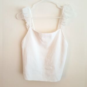 Alice + Olivia White Ribbed Ruffle Sleeve Crop Top Small